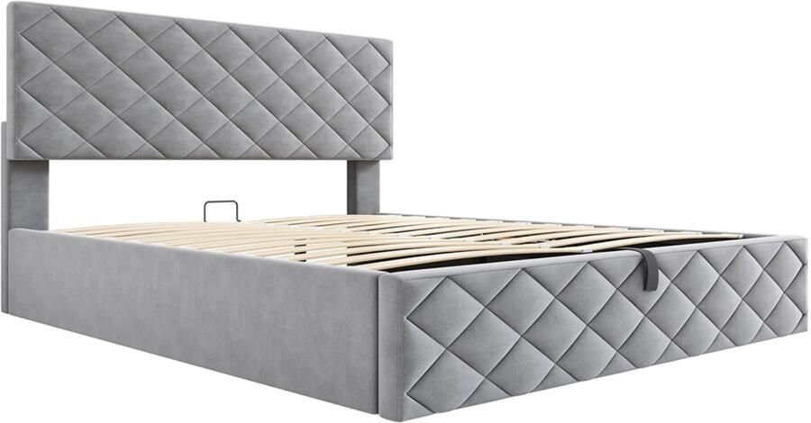 Gestoffeerd bed Tweepersoonsbed 140x200cm zonder matras met hydraulische opbergruimte klassieke stijlvolle diamantpatroon uitstraling huidvriendelijke zachte stof grijs