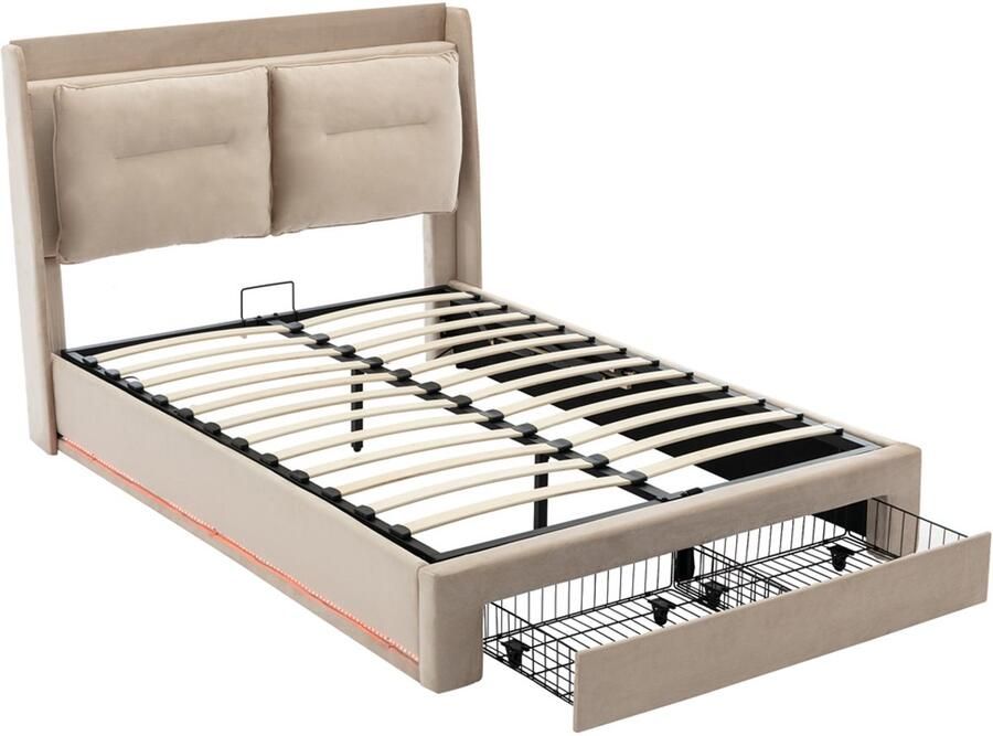 Gestoffeerd bed tweepersoonsbed 140x200cm zonder matras met hydraulische opbergruimte verstelbare LED-verlichting en lades comfortabel zacht bedhoofdeinde met plank huidvriendelijke zachte stof beige