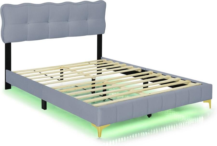 Gestoffeerd bed Tweepersoonsbed 140x200cm Zonder matras Met LED-verlichting met veranderende kleuren Hoofdeinde met knoopversiering Voeteneinde met verticale streepversiering Hoge metalen poten Grijs