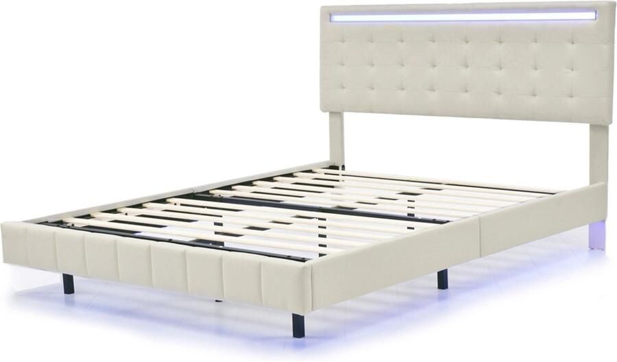 Gestoffeerd bed Tweepersoonsbed 140x200cm Zonder matras Met LED-verlichting met veranderende kleuren Knopversiering Ontwerp met verborgen bedpoten voor zwevend effect Beige