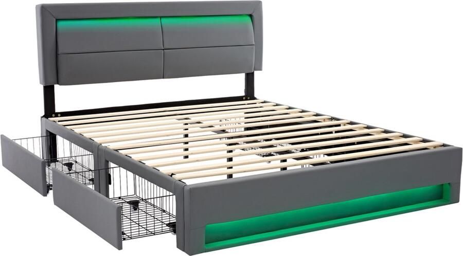 Gestoffeerd bed Tweepersoonsbed 140x200cm Zonder matras Met oplaadpoort verstelbare LED-verlichting en 4 laden Comfortabel gevoerd hoofdeinde Stijlvol en modern ontwerp Stevig en duurzaam frame Grijs