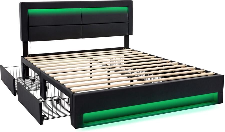 Gestoffeerd bed Tweepersoonsbed 140x200cm Zonder matras Met oplaadpoort verstelbare LED-verlichting en 4 laden Comfortabel gevoerd hoofdeinde Stijlvol en modern ontwerp Stevig en duurzaam frame Zwart