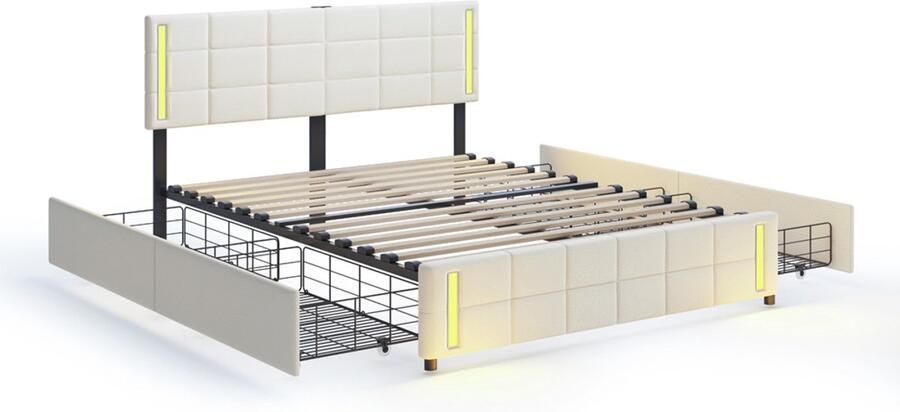 Gestoffeerd bed Tweepersoonsbed 140x200cm Zonder matras Met oplaadpoorten Kleurveranderende LED-verlichting en 4 lades Stijlvol klassiek blokpatroonontwerp Beige