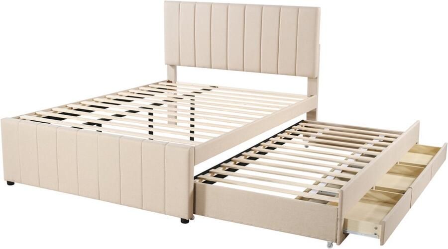 Gestoffeerd bed Tweepersoonsbed 140x200cm Zonder matras Met uittrekbaar bed en 3 lades Klassiek stijlvol hoofdeinde met verticale streepversiering Huidvriendelijk zacht linnen stof Beige