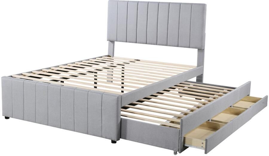 Gestoffeerd bed Tweepersoonsbed 140x200cm Zonder matras Met uittrekbaar bed en 3 lades Klassiek stijlvol hoofdeinde met verticale streepversiering Huidvriendelijk zacht linnen stof Grijs