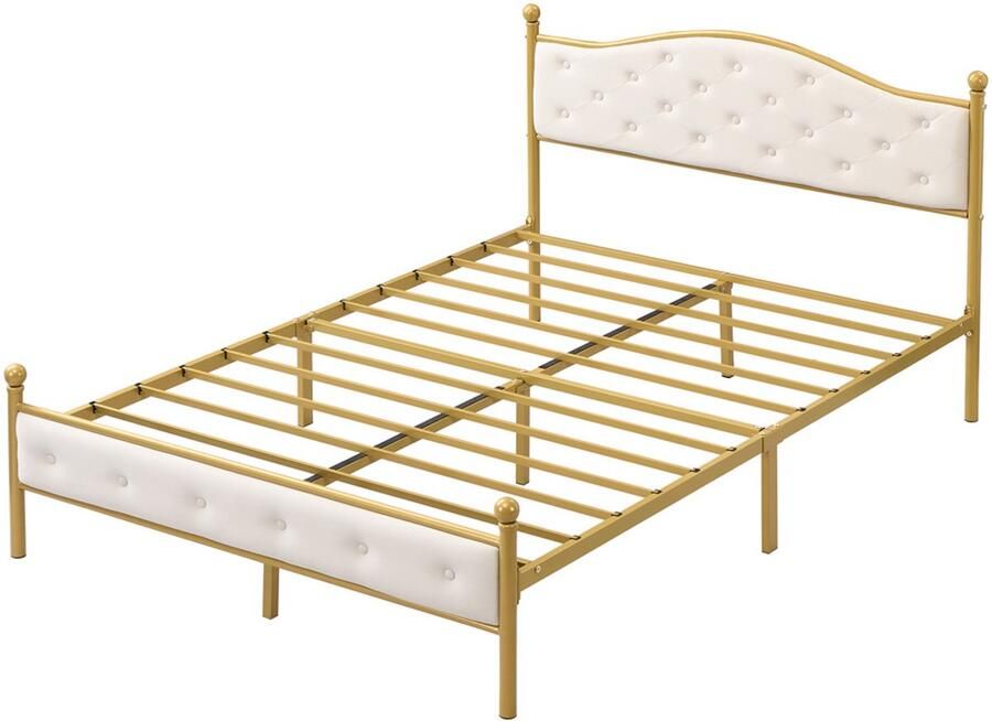 Gestoffeerd bed Tweepersoonsbed 140x200cm Zonder matras Modern en stijlvol eenvoudig design met knoopdecoratie Stevig metalen frame Hoog onderstelontwerp voor gemakkelijke opslag of reiniging Beige