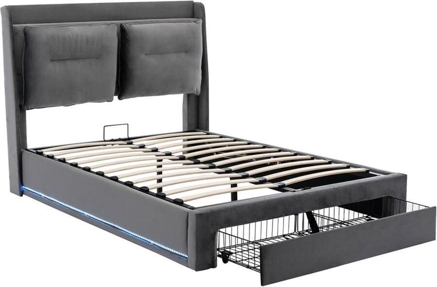 Gestoffeerd bed tweepersoonsbed 160x200cm zonder matras met hydraulische opbergruimte verstelbare LED-verlichting en lades comfortabel zacht bedhoofdeinde met plank huidvriendelijke zachte stof Grijs