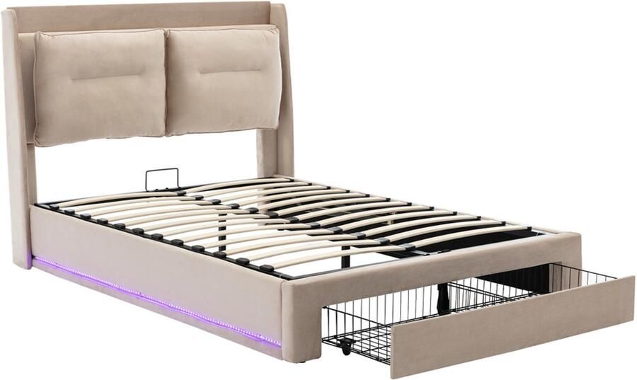 Gestoffeerd bed tweepersoonsbed 160x200cm zonder matras met hydraulische opbergruimte verstelbare LED-verlichting en lades comfortabel zacht bedhoofdeinde met plank huidvriendelijke zachte stof beige