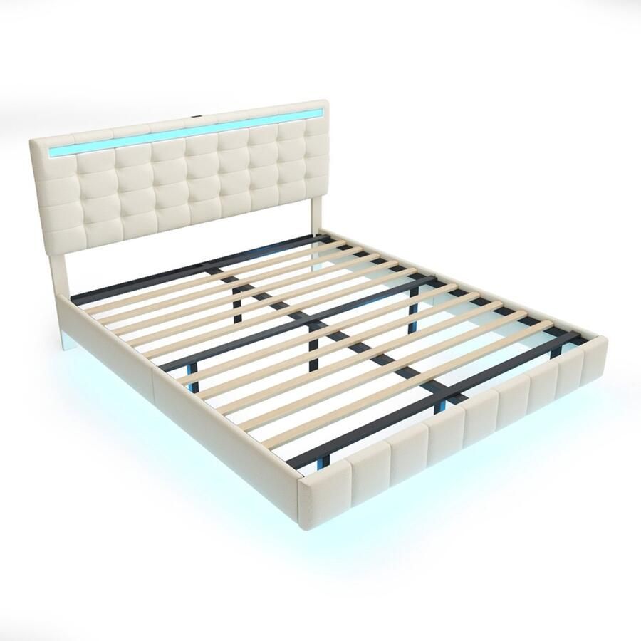 Gestoffeerd bed Tweepersoonsbed 160x200cm Zonder matras Met LED-verlichting met veranderende kleuren Knopversiering Ontwerp met verborgen bedpoten voor zwevend effect Beige