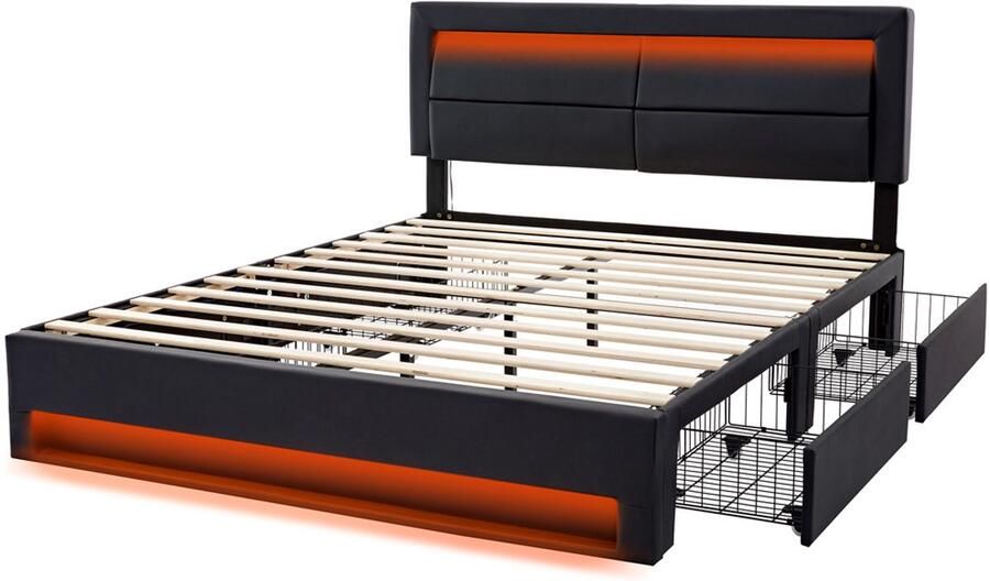 Gotagee Gestoffeerd bed dubbelbed opbergbed multifunctioneel bed platformbed slaapkamerbed logeerbed eenpersoonsbed volwassene bed met LED-verlichting en USB + draadloos opladen Bed met opbergruimte Eenvoudig bed voor de slaapkamer Bed zonder matras