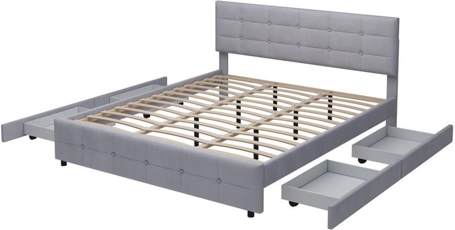 Gestoffeerd bed Tweepersoonsbed 180x200cm Zonder matras Met 4 lades Stijlvol klassiek blokpatroon met knoopdecoratie Huidvriendelijke zachte stof Grijs