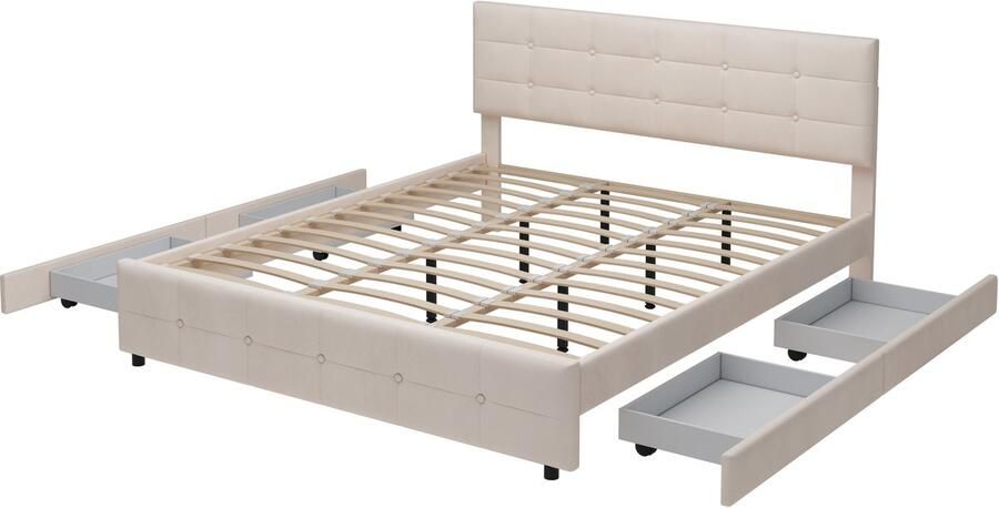 Gestoffeerd bed Tweepersoonsbed 180x200cm Zonder matras Met 4 lades Stijlvol klassiek blokpatroon met knoopdecoratie Huidvriendelijke zachte stof Beige