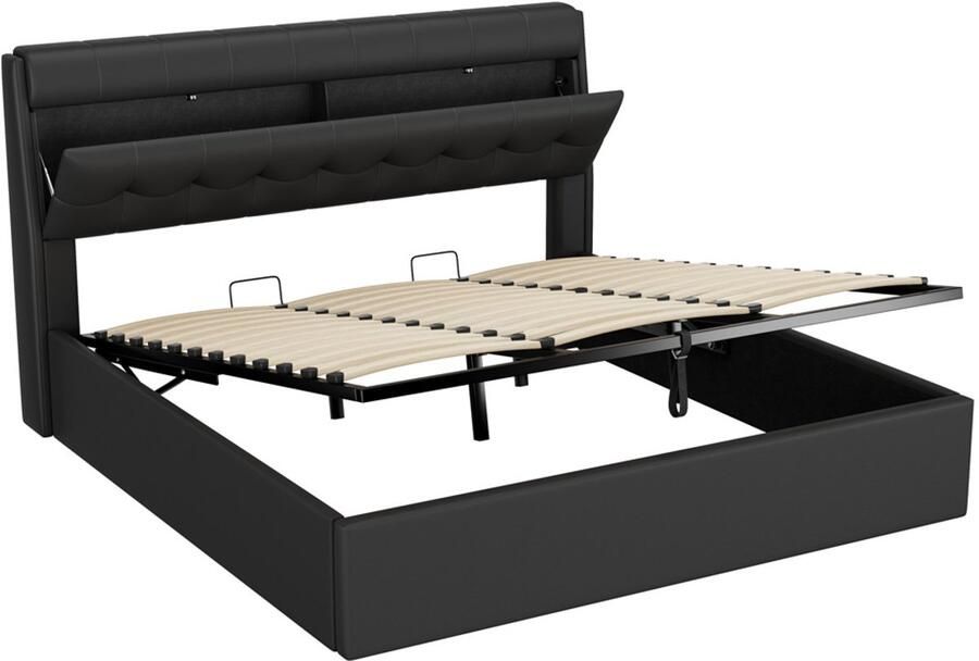 Gestoffeerd bed tweepersoonsbed 180x200cm zonder matras met hydraulische opbergruimte bedhoofdeinde met knoopdecoratie in vierkante vorm en opklapbare verborgen opbergruimte zwart