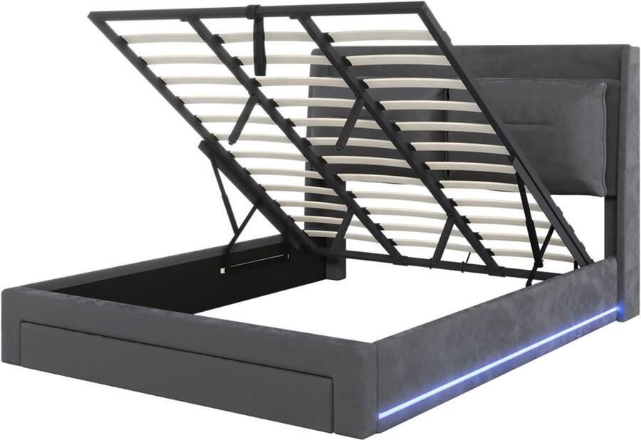 Gestoffeerd bed tweepersoonsbed 180x200cm zonder matras met hydraulische opbergruimte verstelbare LED-verlichting en lades comfortabel zacht bedhoofdeinde met plank huidvriendelijke zachte stof Grijs