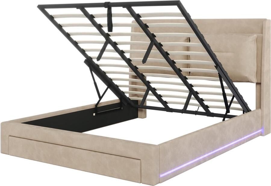Gestoffeerd bed tweepersoonsbed 180x200cm zonder matras met hydraulische opbergruimte verstelbare LED-verlichting en lades comfortabel zacht bedhoofdeinde met plank huidvriendelijke zachte stof beige