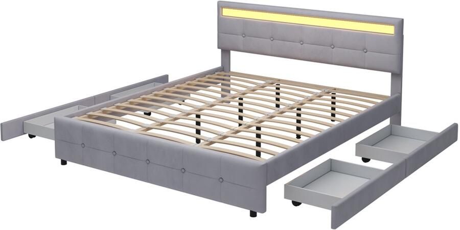 Gestoffeerd bed Tweepersoonsbed 180x200cm Zonder matras Met kleurveranderende LED-verlichting en 4 lades Stijlvol klassiek blokpatroon met knoopdecoratie Huidvriendelijke zachte stof Grijs