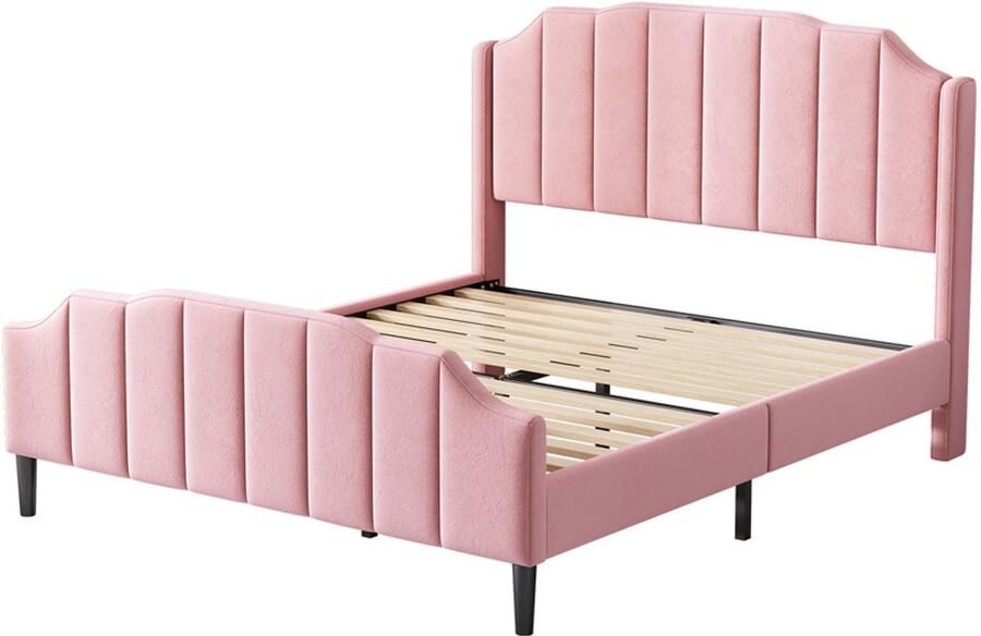 Gestoffeerd bed Tweepersoonsbed Kinderbed 140x200cm Zonder matras Boogvormige hoofdbord en voetbord Met verticale strepen decoratief ontwerp Zachte huidvriendelijke stof Geschikt voor slaapkamer of kinderkamer Roze