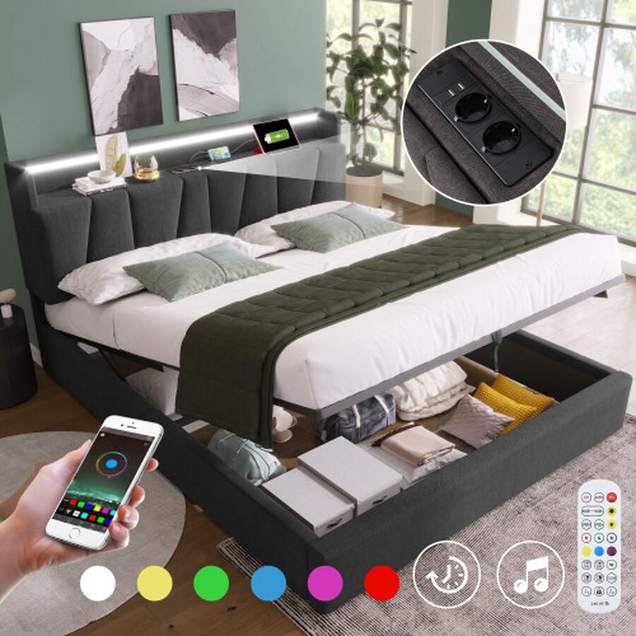 Gestoffeerd bed tweepersoonsbed met USB-oplaadfunctie opbergruimte hoofdeinde en LED-verlichting tweepersoonsbed 160x200cm opbergruimte bedden bedframe houten lattenbodem grijs (zonder matras)