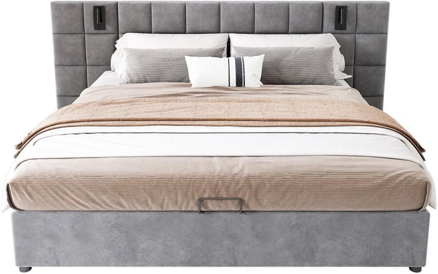 Gotagee Gestoffeerd bed Tweepersoonsbed Opbergbed Multifunctioneel bed Platformbed Slaapkamerbed Logeerbed Met verstelbare lamp en oplaadpoort Bed met opbergruimte Eenvoudig bed voor de slaapkamer Bed zonder matras 180x200cm - Foto 2