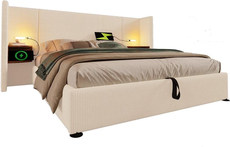 Gotagee Gestoffeerd bed tweepersoonsbed opbergbed multifunctioneel bed zonder hoofdboard slaapkamerbed logeerbed hoofdbord met twee opbergplanken corduroy stof Bed met opbergruimte Bed zonder matras 180x200cm - Foto 2