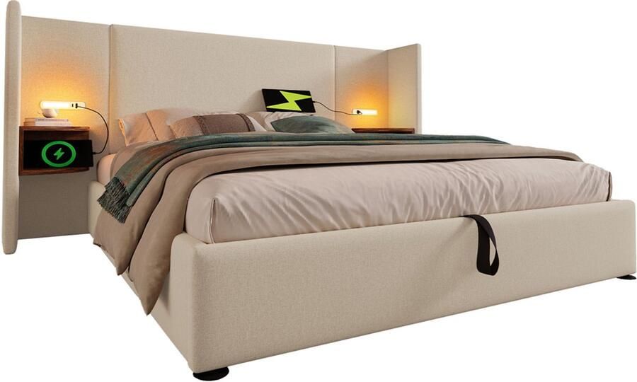 Gotagee Gestoffeerd bed tweepersoonsbed opbergbed multifunctioneel bed zonder hoofdboard slaapkamerbed logeerbed hoofdbord met twee opbergplanken linnen stof Bed met opbergruimte Bed zonder matras 160x200cm - Foto 2