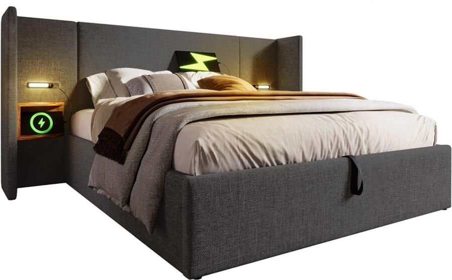 Gotagee Gestoffeerd bed tweepersoonsbed opbergbed multifunctioneel bed zonder hoofdboard slaapkamerbed logeerbed hoofdbord met twee opbergplanken linnen stof Bed met opbergruimte Bed zonder matras 160x200cm - Foto 2