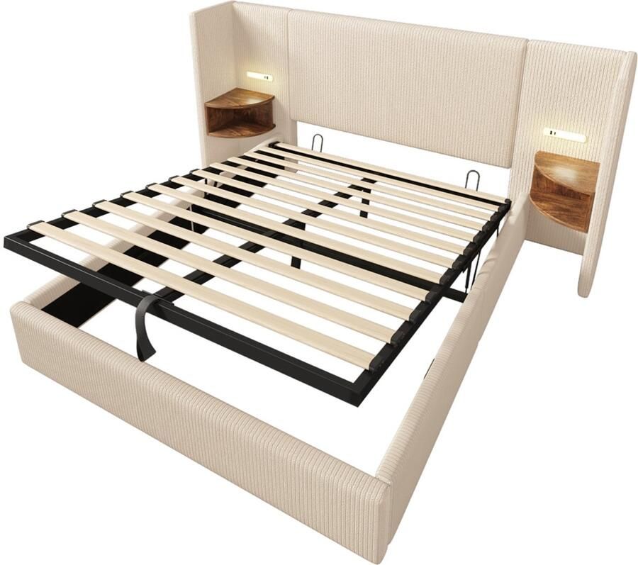 Gestoffeerd bed tweepersoonsbed opbergbed multifunctioneel bed zonder hoofdboard slaapkamerbed logeerbed hoofdbord met twee opbergplanken corduroy stof Bed met opbergruimte Bed zonder matras 160x200cm