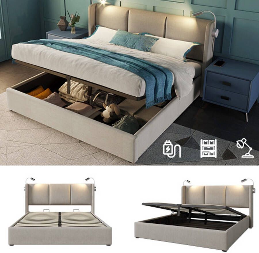 Gestoffeerd bed tweepersoonsbed opbergruimte bedbox leeslamp met USB-oplaadfunctie hoofdeinde opbergruimte bedden bedframe van linnenmateriaal jeugdbed 140x200 met lattenbodem (zonder matras)