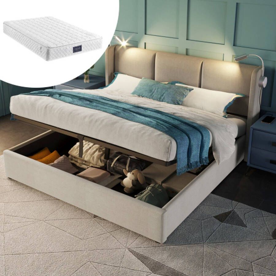 Gestoffeerd bed tweepersoonsbed opbergruimte bedbox leeslamp met USB-oplaadfunctie hoofdeinde opbergruimte bedden bedframe van linnenmateriaal jeugdbed 160x200 met lattenbodem (met matras) - Foto 2