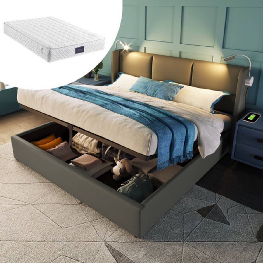 Gestoffeerd bed tweepersoonsbed opbergruimte bedbox leeslamp met USB oplaadfunctie hoofdeinde opbergruimte bedden bedframe PU jeugdbed 140x200 met lattenbodem (met matras)
