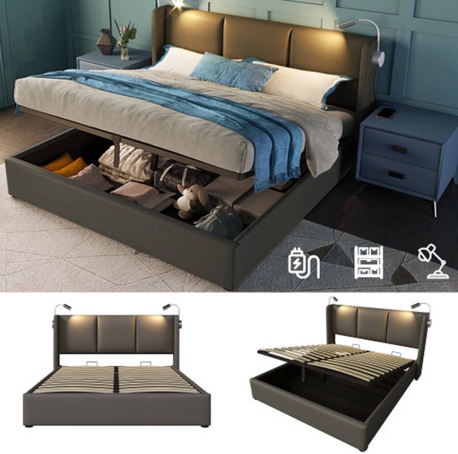 Gestoffeerd bed tweepersoonsbed opbergruimte bedbox leeslamp met USB oplaadfunctie hoofdeinde opbergruimte bedden bedframe PU jeugdbed 140x200 met lattenbodem (zonder matras)
