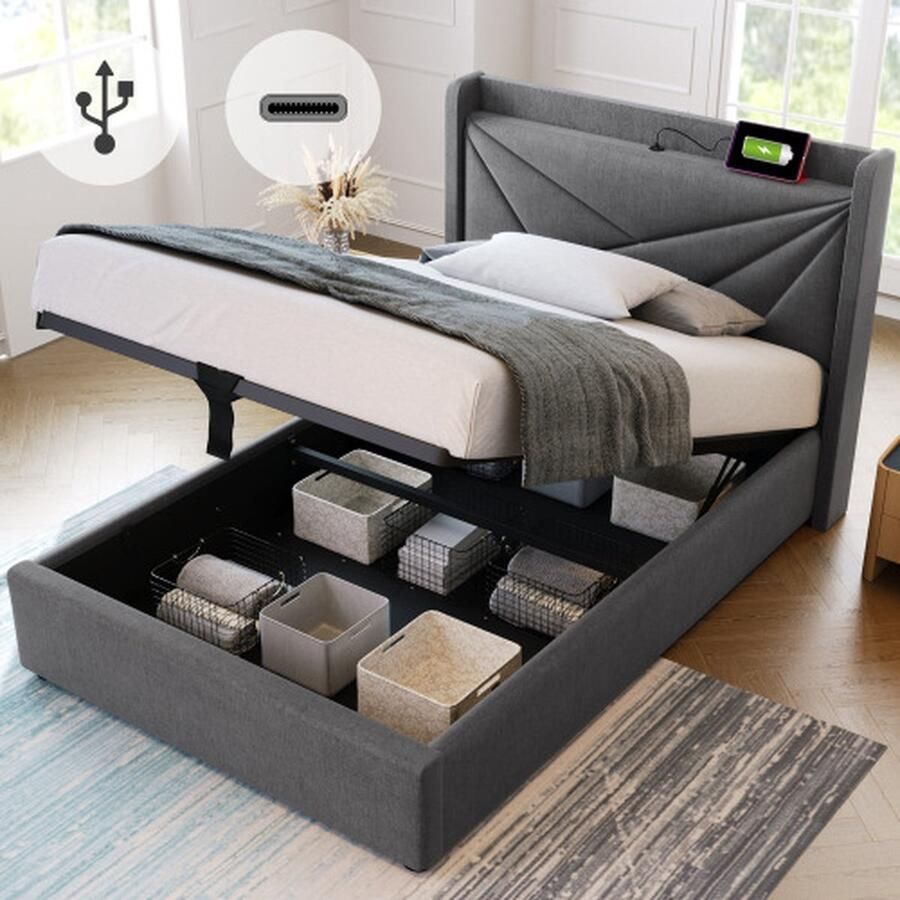 Gestoffeerd bed tweepersoonsbed opbergruimte bedbox met USB Type C oplaadfunctie hoofdeinde opbergruimte bedden bedframe van linnen materiaal jeugdbed 90x200 met lattenbodem (zonder matras)