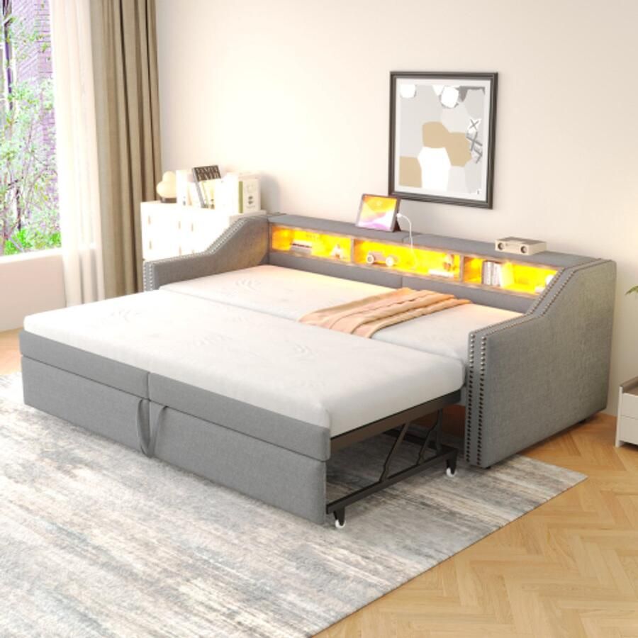 Gestoffeerd bed Uitschuifbare slaapbank 90 180 x 200 cm multifunctioneel opbergvak led-verlichting en USB-aansluiting met lattenbodem grijs