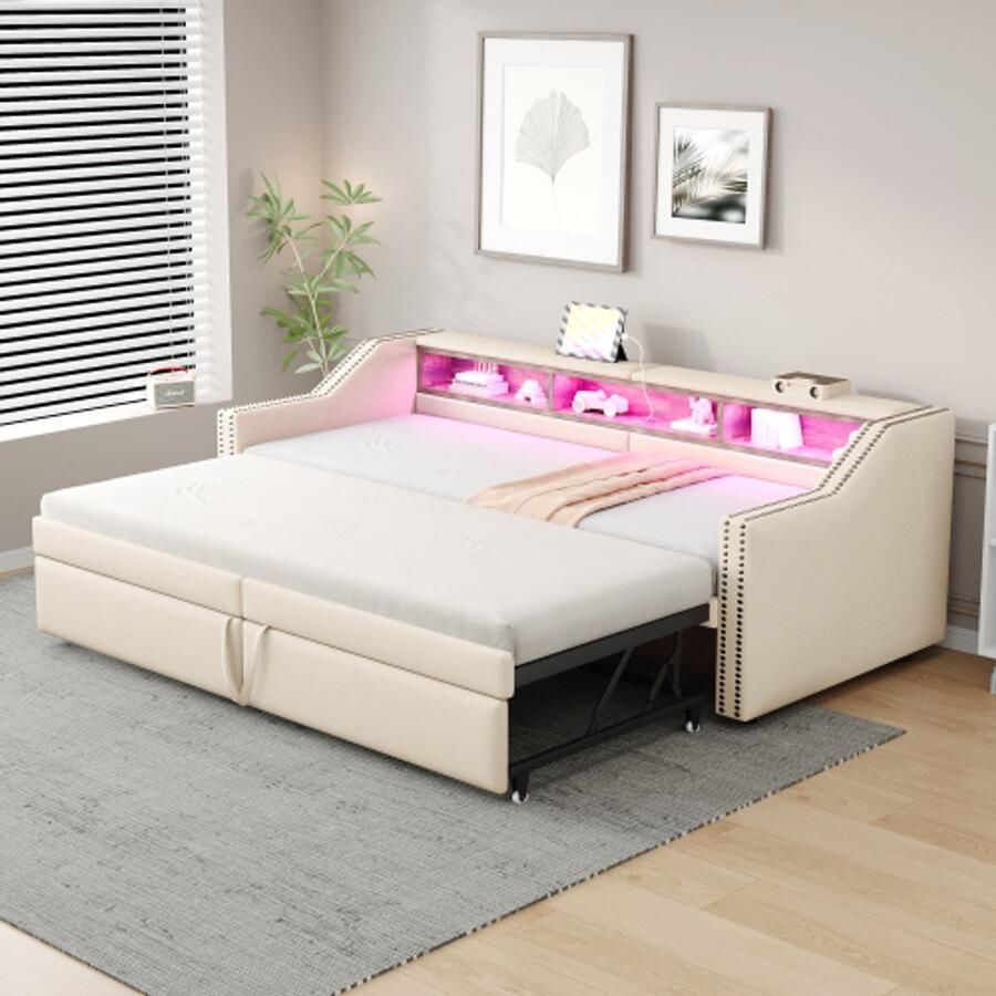 Gestoffeerd bed Uitschuifbare slaapbank 90 180 x 200 cm multifunctioneel opbergvak led-verlichting en USB-aansluiting met lattenbodem beige - Foto 2