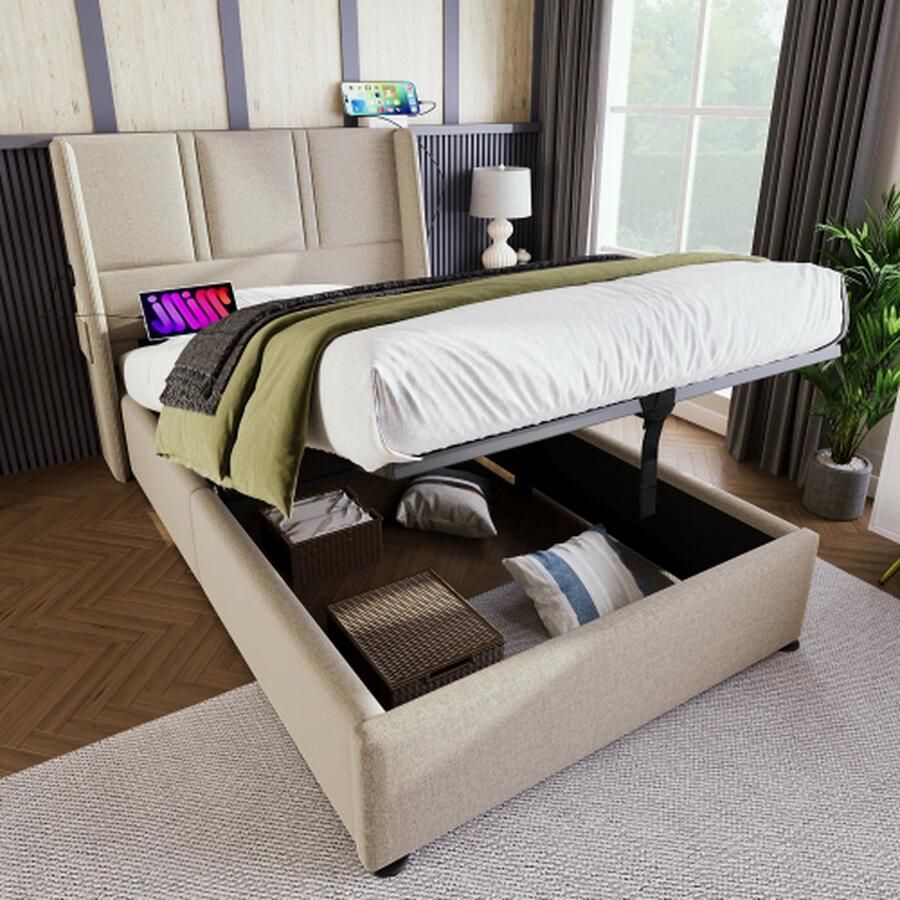 Gestoffeerd bedopbergbed USB Type-C oplaadpoorten zijvak hydraulisch eenpersoonsbed 90x200cm houten lattenbodem bed met metalen frame lattenbodem linnen beige (zonder matras)