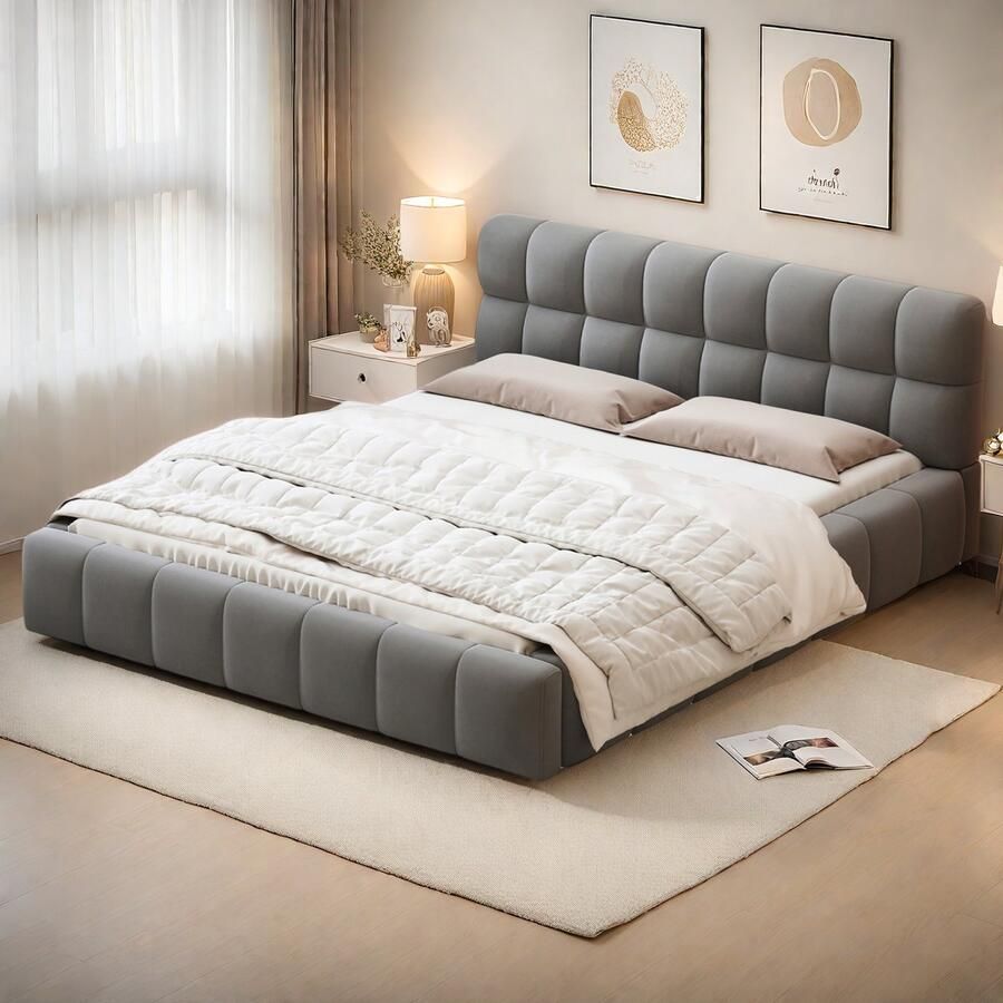 Gestoffeerd bubbelbed 140 x 190 cm Tweepersoonsbed met lattenbodem en zachte rugleuning jeugdbed vlak bedframe linnen zonder matras (grijs 140 x 190)