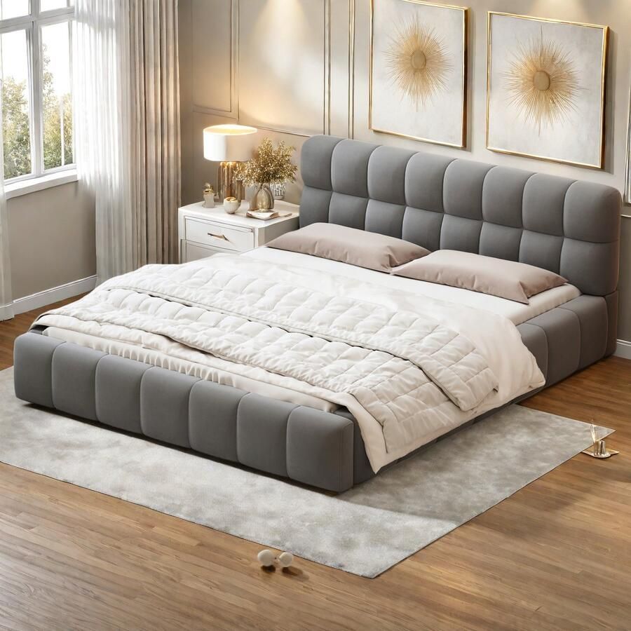 Gestoffeerd bubbelbed 160 x 200 cm Tweepersoonsbed met lattenbodem en zachte rugleuning jeugdbed vlak bedframe linnen zonder matras (grijs 160 x 200)