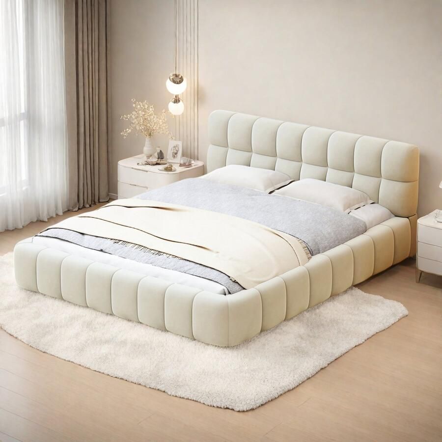 Gestoffeerd bubbelbed 140 x 190 cm Tweepersoonsbed met lattenbodem en zachte rugleuning jeugdbed vlak bedframe linnen zonder matras (beige 140 x 190)