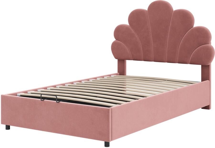 Gestoffeerd eenpersoons kinderbed 90x200cm zonder matras met hydraulische opbergruimte speciaal bloemenvormig hoofdeinde hoogte verstelbaar huidvriendelijk zacht fluwelen stof rood