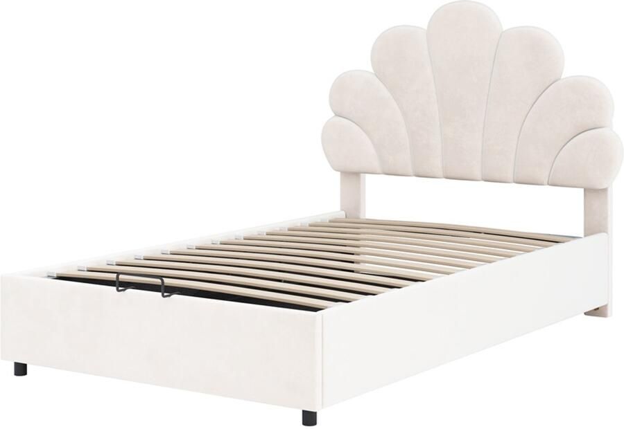 Gestoffeerd eenpersoons kinderbed 90x200cm zonder matras met hydraulische opbergruimte speciaal bloemenvormig hoofdeinde hoogte verstelbaar huidvriendelijk zacht fluwelen stof Beige