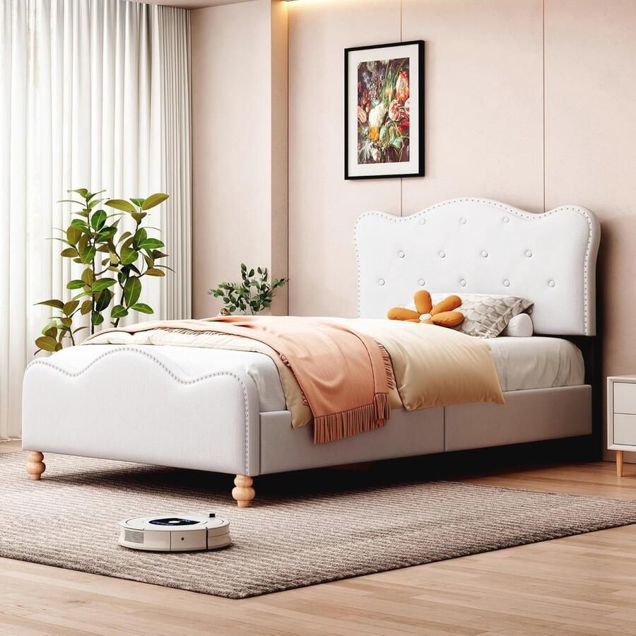 Gestoffeerd Eenpersoonsbed 90 x 200 cm met Gevoerd Hoofdeinde Kinderbed met Lattenbodem voor Jongens en Meisjes