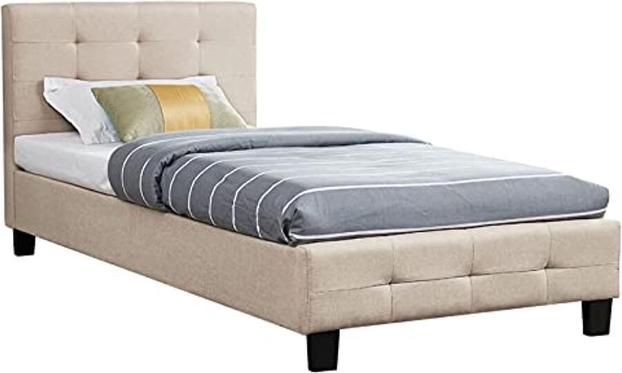 Gestoffeerd Eenpersoonsbed 90 x 200 cm Modern Design Bedframe met Lattenbodem Beige Textielbed