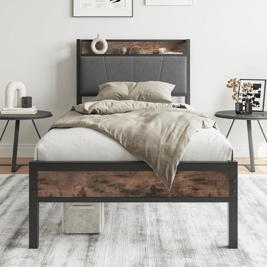 Gestoffeerd eenpersoonsbed 90x200 cm van metaal met hoofdeinde – Eenvoudige montage modern design ideaal voor slaapkamer en logeerkamer