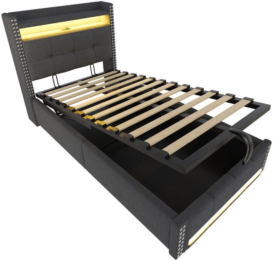 Gestoffeerd eenpersoonsbed 90x200 cm zonder matras met verstelbare LED-verlichting oplaadstopcontact en hydraulische opbergruimte hoofdbord met plank en opbergruimte huidvriendelijke zachte linnenstof Grijs