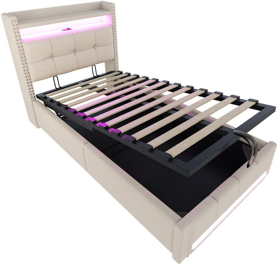 Gestoffeerd eenpersoonsbed 90x200 cm zonder matras met verstelbare LED-verlichting oplaadstopcontact en hydraulische opbergruimte hoofdbord met plank en opbergruimte huidvriendelijke zachte linnenstof beige