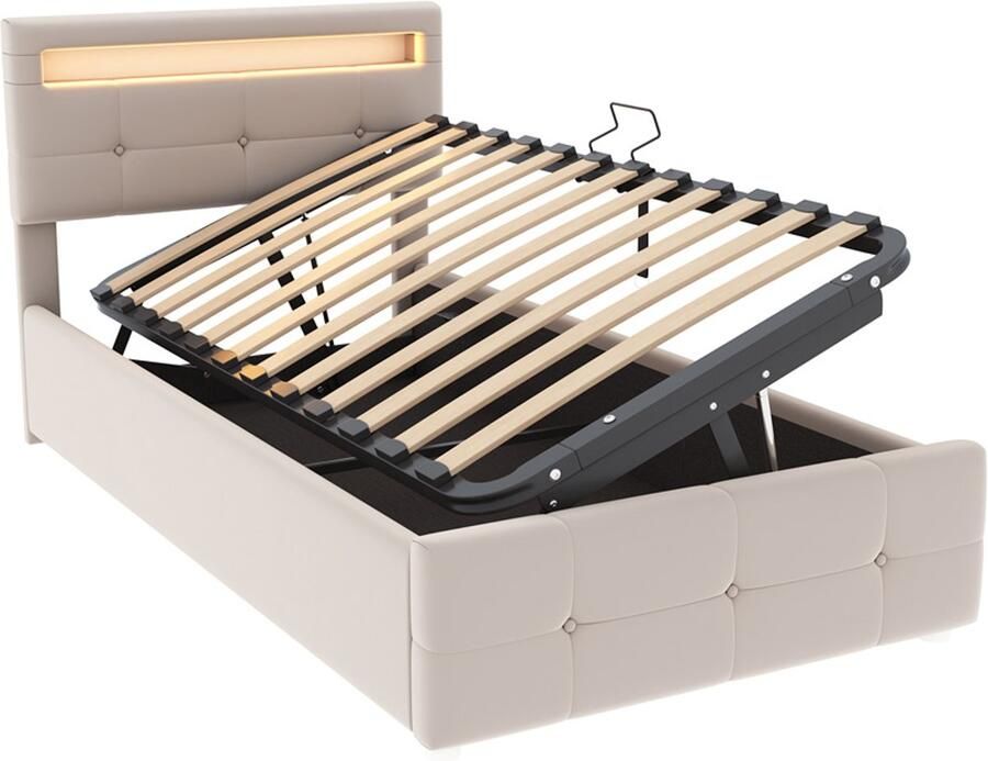 Gestoffeerd eenpersoonsbed 90x200cm zonder matras met kleurveranderende LED-verlichting en hydraulische opbergruimte knoopdecoratie hoofdbord verstelbaar huidvriendelijk zacht fluwelen materiaal Beige