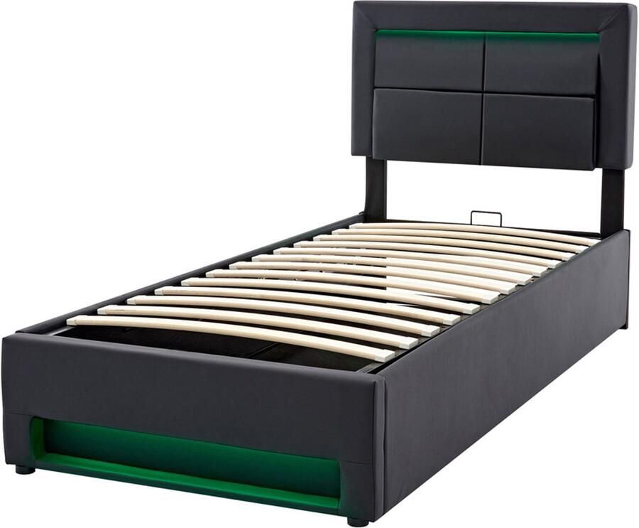 Gestoffeerd eenpersoonsbed 90x200cm zonder matras met oplaadpoort verstelbare LED-verlichting met kleurwisselfunctie hydraulische opbergruimte comfortabel gevuld verstelbare hoofdbordhoogte huidvriendelijke zachte stof zwart