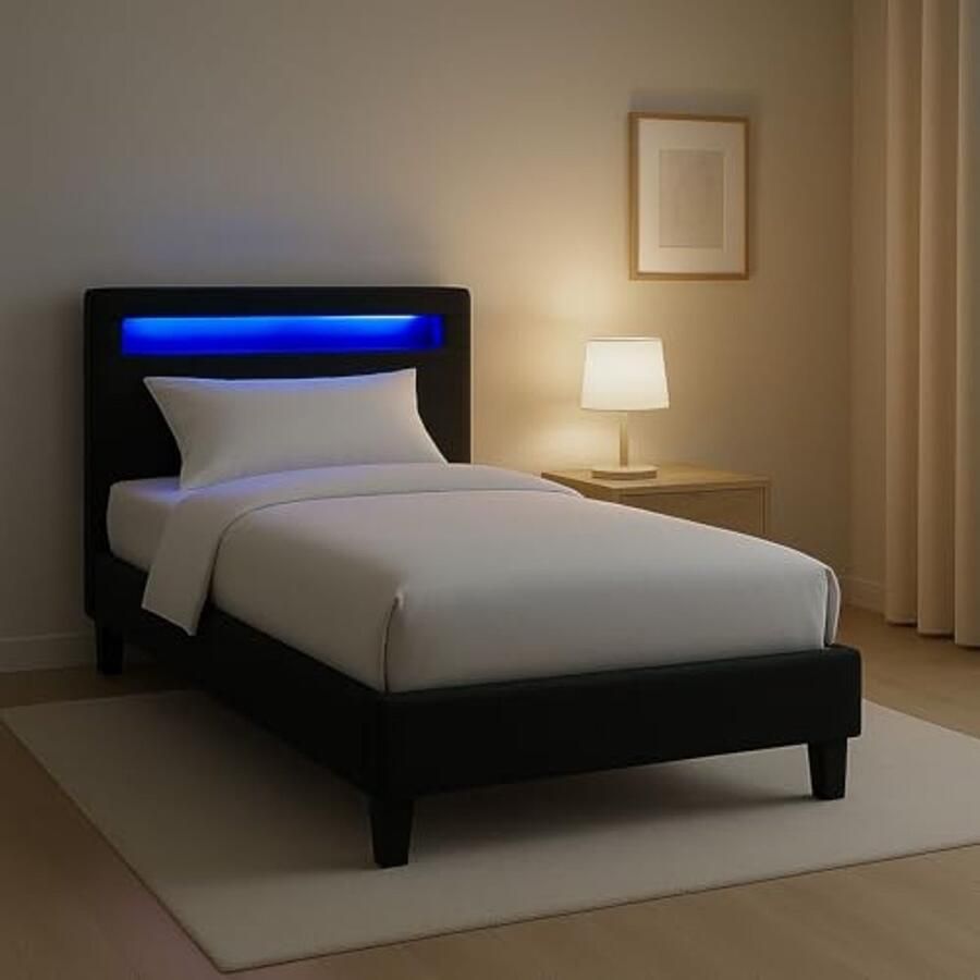 Gestoffeerd Eenpersoonsbed met LED Verlichting Tienerbed 90x200 cm in Zwart