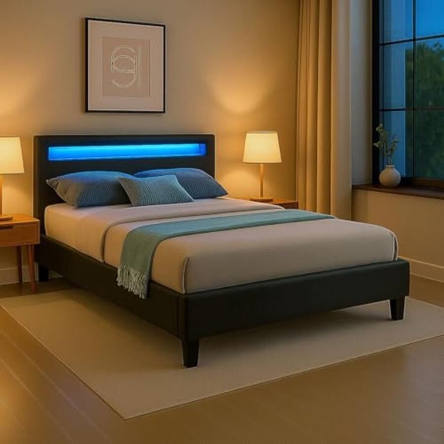 Gestoffeerd Eenpersoonsbed met LED Verlichting Zwart 120x200 cm Inclusief Lattenbodem