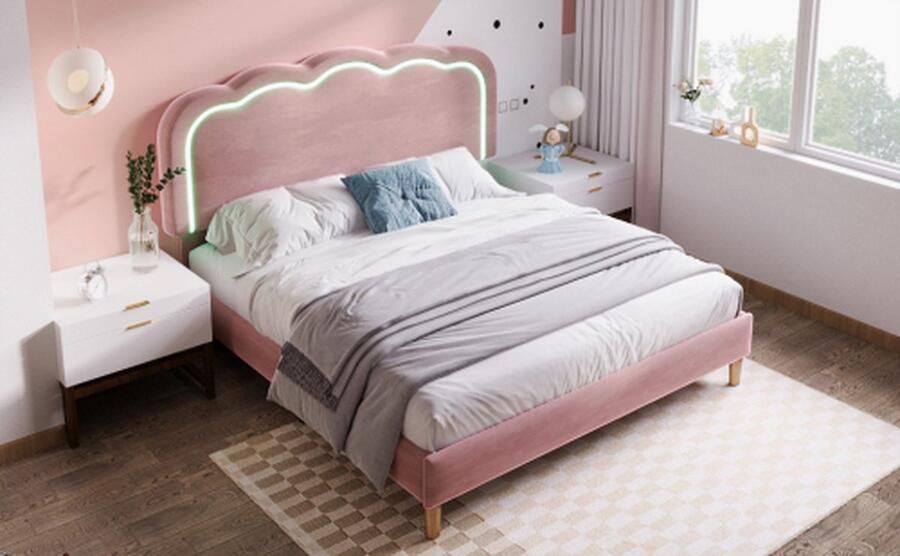 Gestoffeerd kinderbed 140x 200 cm bedframe met LED Kopfteil hoofdbord en lattenbodem tienermeisjesbed inLinnenmateriaal logeerbed (kleur: roze)